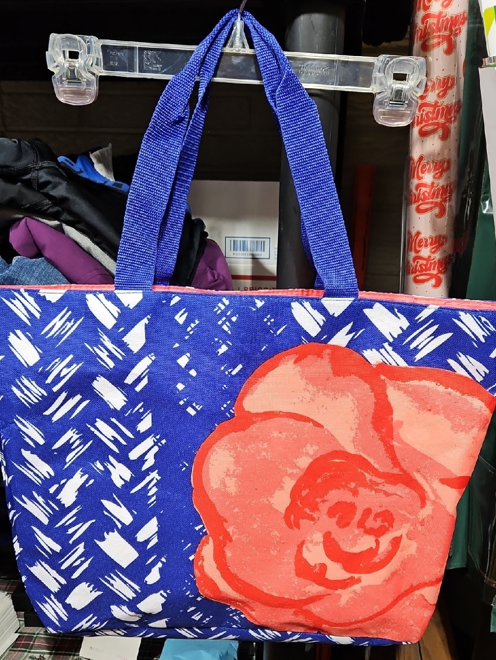 Lancome Blue Canvas Tote with Coral Floral Accent